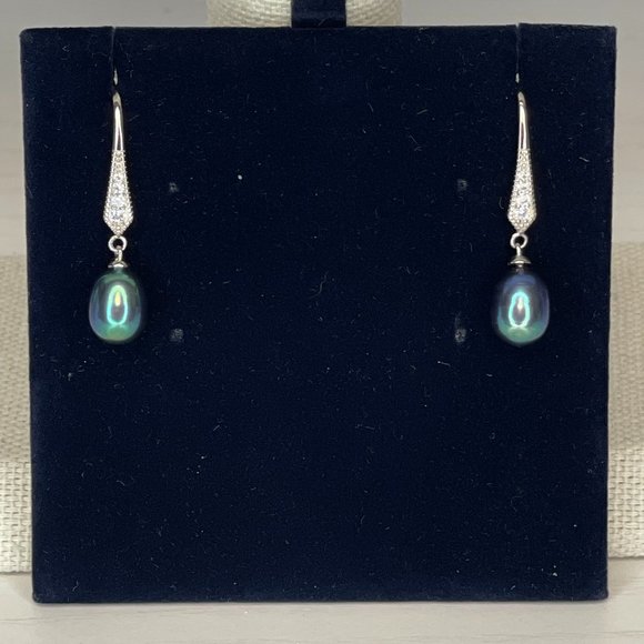 Peacock Rice Pearl & CZ .925 Sterling Silver Drop Earrings Handmade - Picture 3 of 3